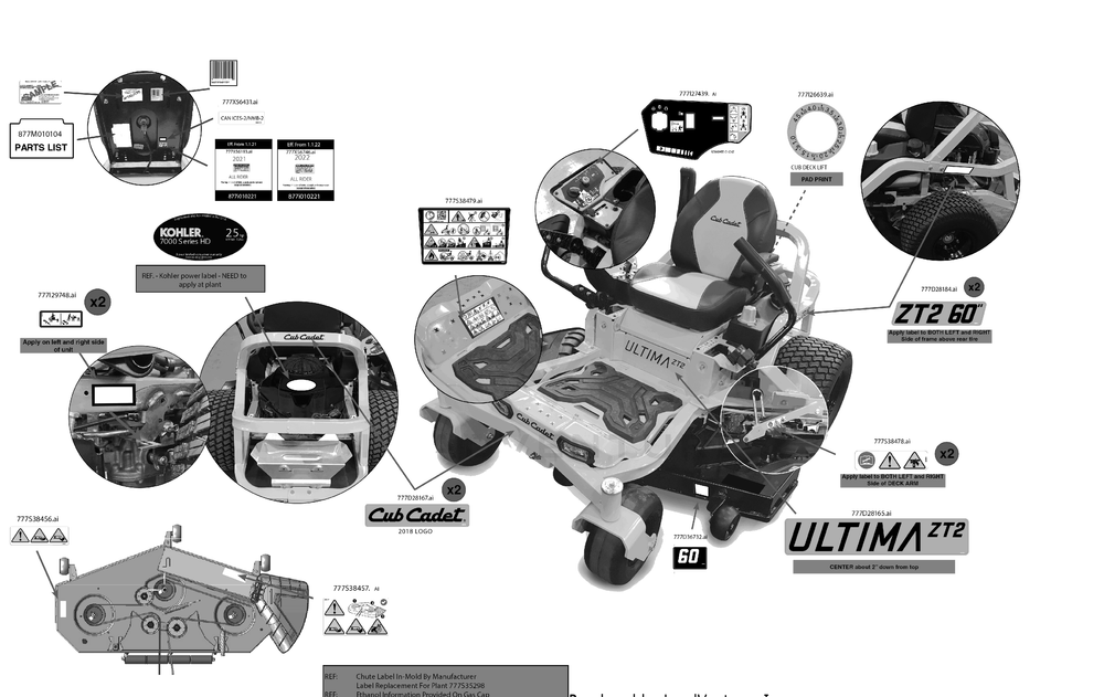 Label Map Diagram and Parts List for ZT2-60KH (17ASEAC5A10)(2022) Cub Cadet Lawn Tractor
